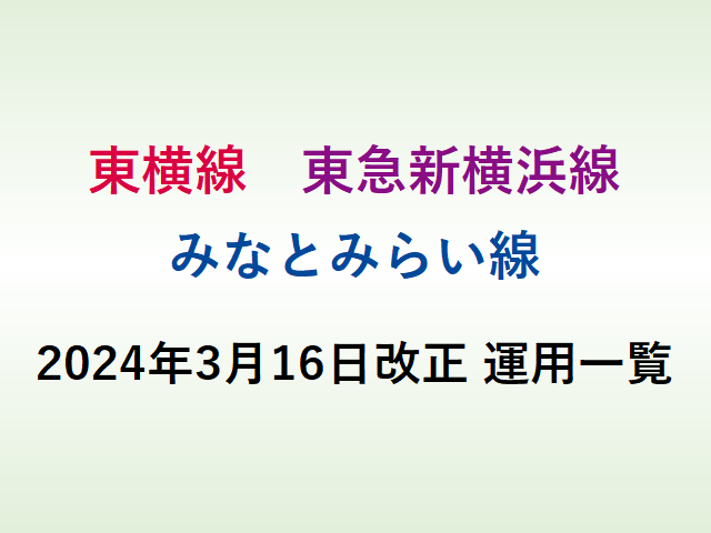 東横線・東急新横浜線・みなとみらい線運用一覧 [2024年3月16日改正版]の画像